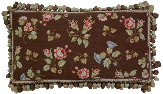 Needlepoint Hand-Embroidered Wool Throw Pillow Exquisite Home Designs  pink roses brown back with tassels