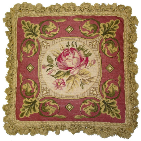 Needlepoint Hand-Embroidered Wool Throw Pillow Exquisite Home Designs  rose pink & gold frame central roses with nature tassels a