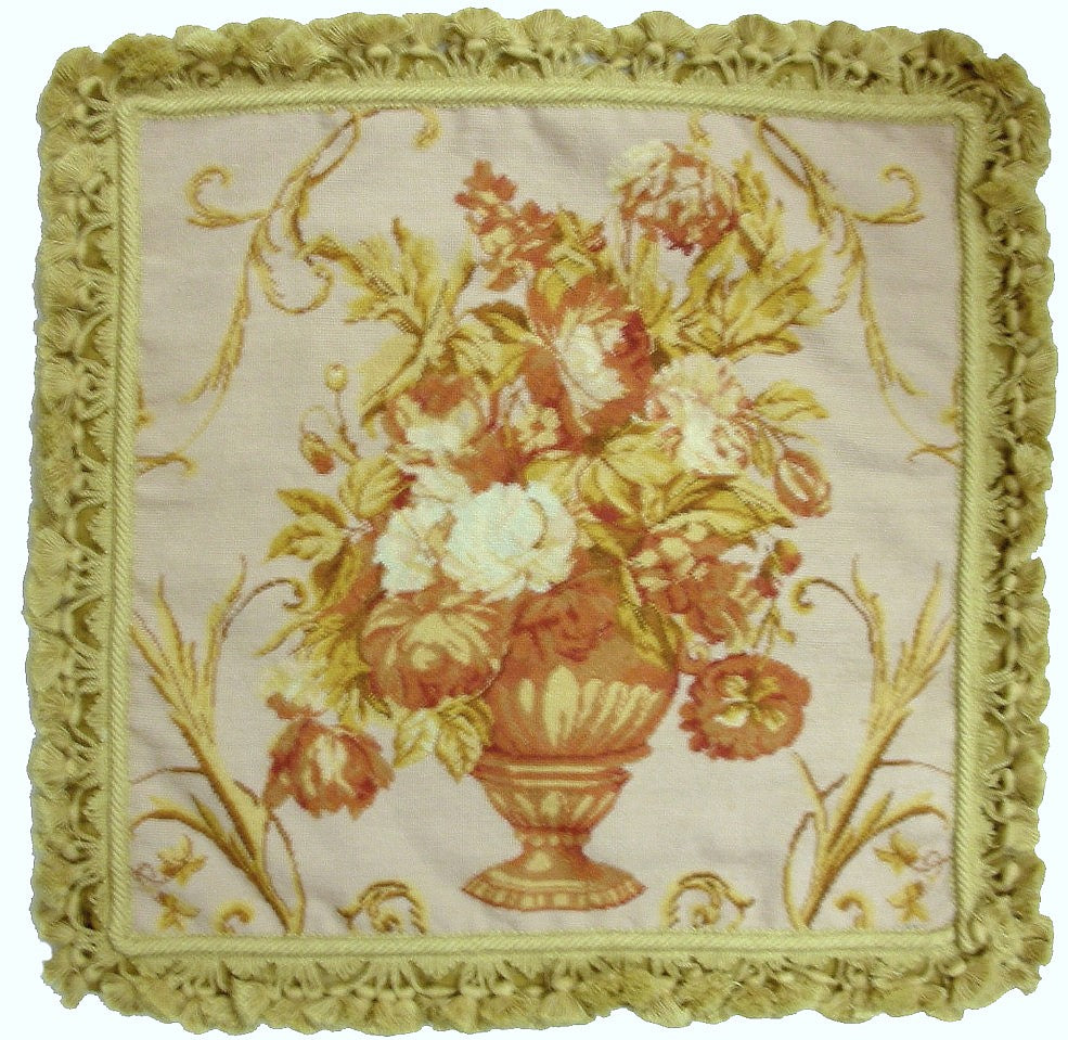 Needlepoint Hand-Embroidered Wool Throw Pillow Exquisite Home Designs  goldeness central vast 7 flower nature background with gold tassels