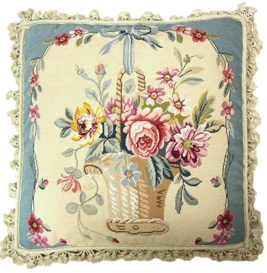 Needlepoint Hand-Embroidered Wool Throw Pillow Exquisite Home Designs Gail flower basket with blue ribbon & nature tassels