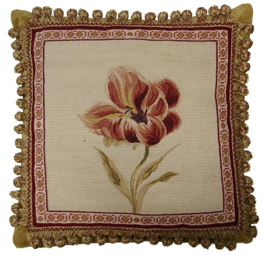 Needlepoint Hand-Embroidered Wool Throw Pillow Exquisite Home Designs redPeonie Lauren Hamlton design with 2 color tassel