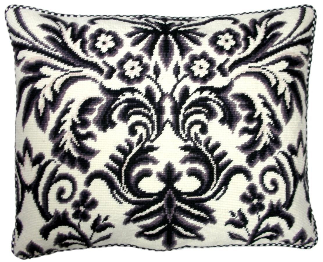 Needlepoint Hand-Embroidered Wool Throw Pillow Exquisite Home Designs b/w floral design with 2 color cording