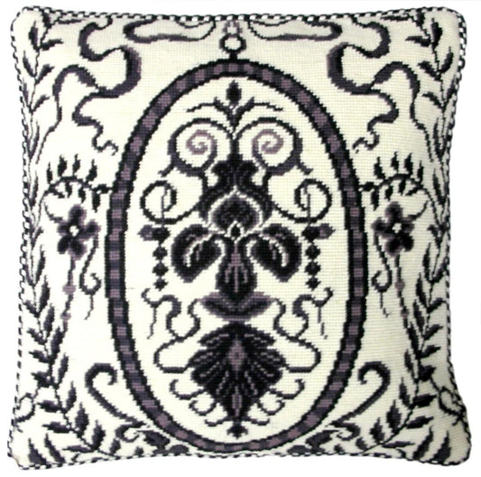 Needlepoint Hand-Embroidered Wool Throw Pillow Exquisite Home Designs b/w floral in circle design with 2 color cording