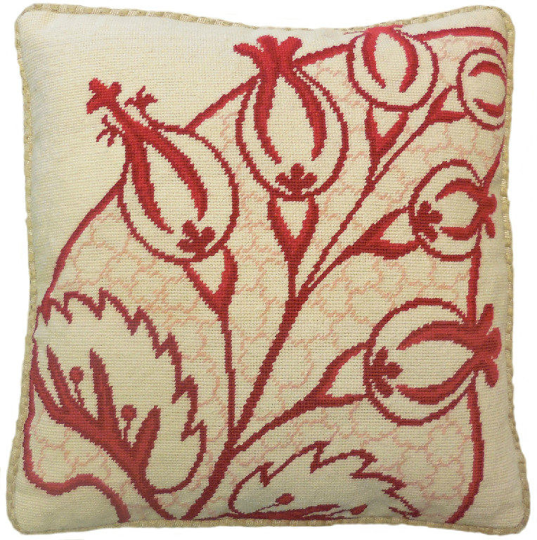 Needlepoint Hand-Embroidered Wool Throw Pillow Exquisite Home Designs red big leaves/flowers checker cording