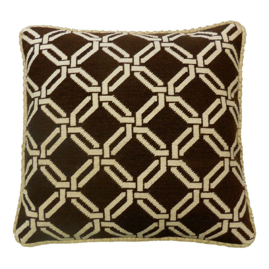 Handmade Wool Needlepoint Pillow Cover - Decorative Throw Cushion Cover - Vintage Floral Embroidery Design chain square in dark brown checker cording
