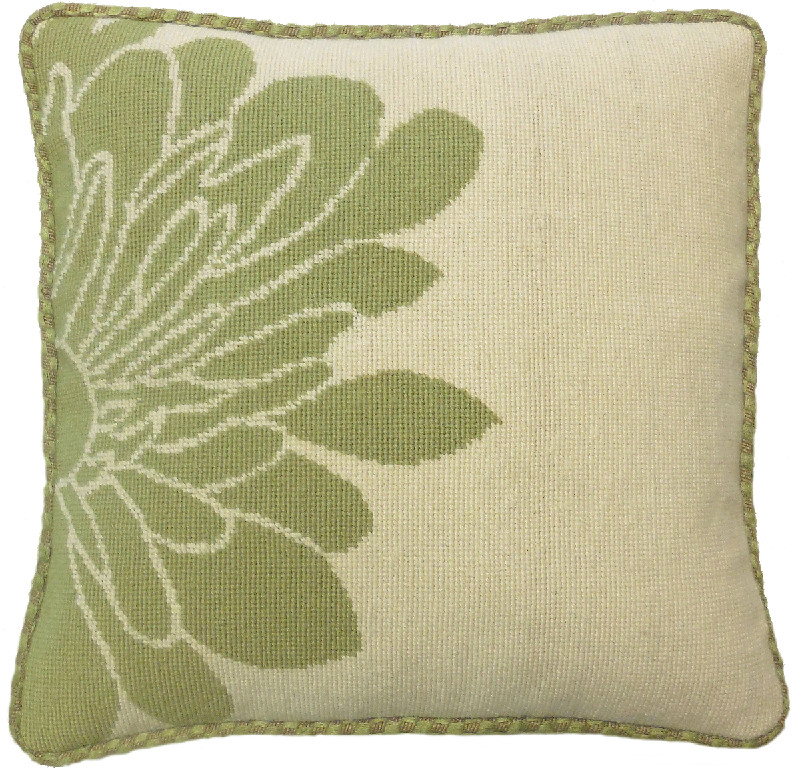 Needlepoint Hand-Embroidered Wool Throw Pillow Exquisite Home Designs green half flower off-white back checker cording