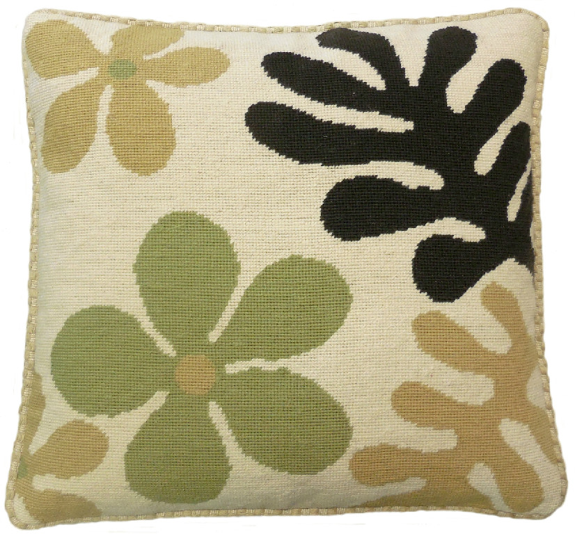 Needlepoint Hand-Embroidered Wool Throw Pillow Exquisite Home Designs abstract flower checker cording I