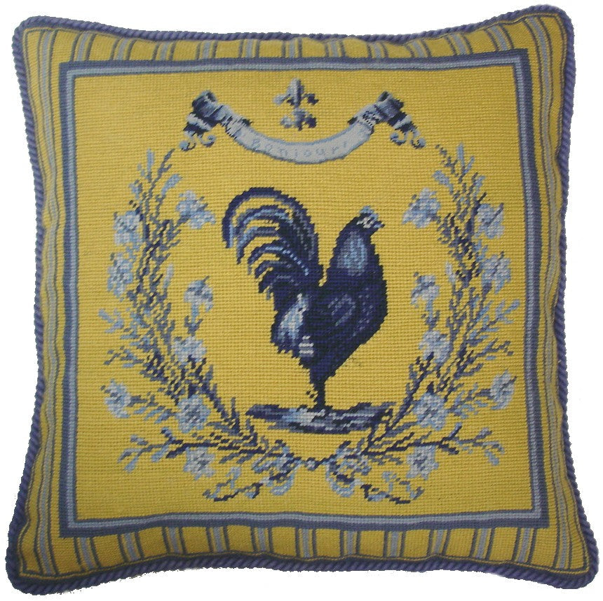 Needlepoint Hand-Embroidered Wool Throw Pillow Exquisite Home DesignsGrosspoint yellow/blue Rooster with cording