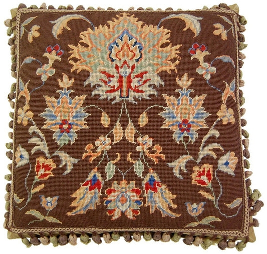 Needlepoint Hand-Embroidered Wool Throw Pillow Exquisite Home Designs dark brown background William Morris style with tassels