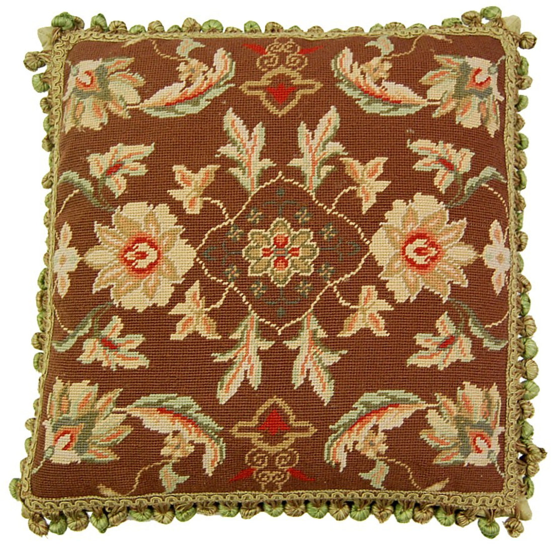 Needlepoint Hand-Embroidered Wool Throw Pillow Exquisite Home Designs milk chocolate background 3 big flowers center with tassels