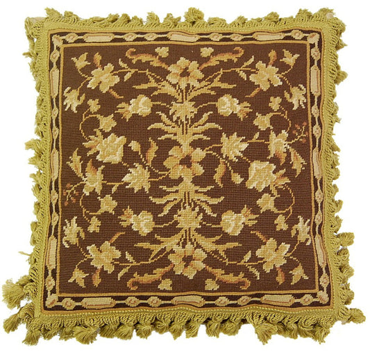 Needlepoint Hand-Embroidered Wool Throw Pillow Exquisite Home Designs milk brown-gold samll leaves with tassels