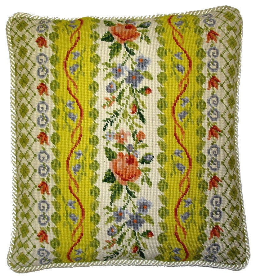 Needlepoint Hand-Embroidered Wool Throw Pillow Exquisite Home Designs All check & flower with ivory cording