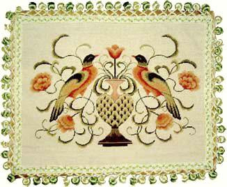 Needlepoint Hand-Embroidered Wool Throw Pillow Exquisite Home Designs  2 birds with 2 color tassels