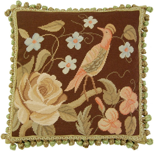 Needlepoint Hand-Embroidered Wool Throw Pillow Exquisite Home Designs rose/bird with tassels