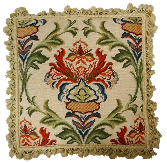 Needlepoint Hand-Embroidered Wool Throw Pillow Exquisite Home Designs William Morris Design with nature tassels