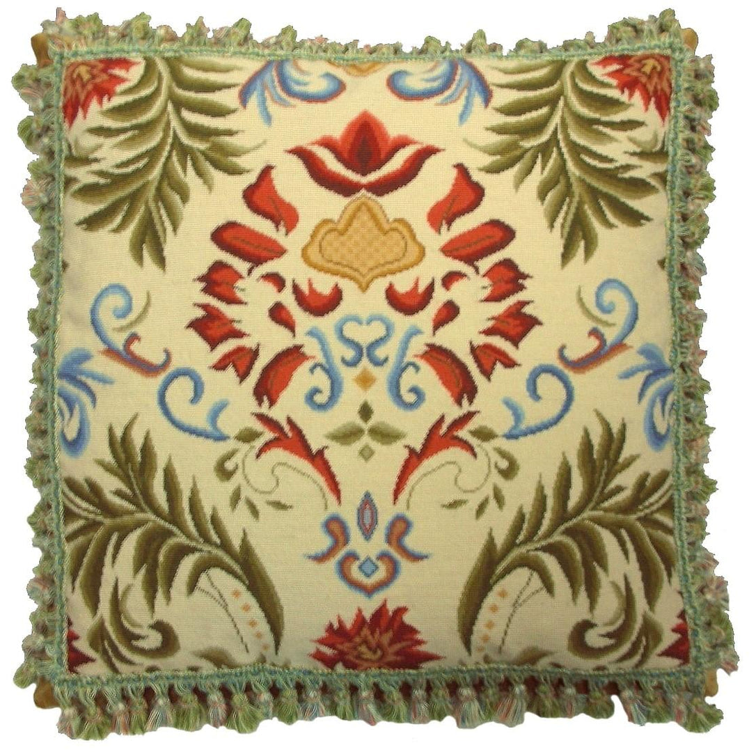 Needlepoint Hand-Embroidered Wool Throw Pillow Exquisite Home Designs  red tulip green leaves with tassels