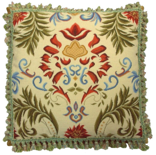 Needlepoint Hand-Embroidered Wool Throw Pillow Exquisite Home Designs  red tulip green leaves with tassels