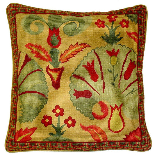 Needlepoint Hand-Embroidered Wool Throw Pillow Exquisite Home Designs leaves in shade of rich gold, red, green