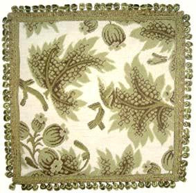 Needlepoint Hand-Embroidered Wool Throw Pillow Exquisite Home Designs olive grapes leaves ivory background with tassels