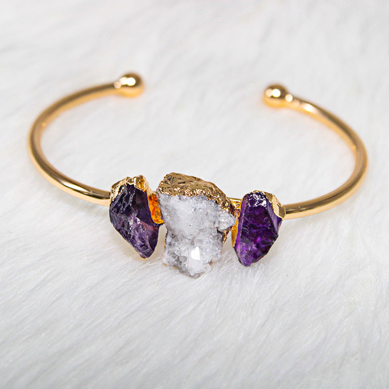 Natural Amethyst, fluorite, citrine, inlaid bracelet, crystal rough electroplated edging, adjustablebracelet