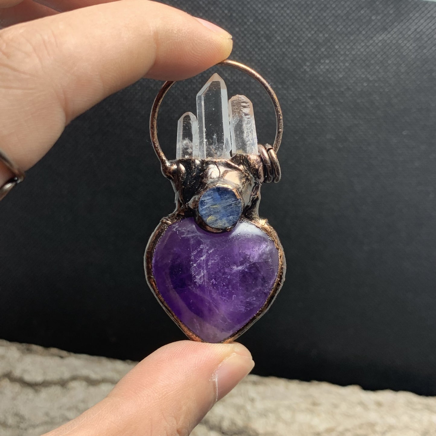 Amethyst Heart-Shape White Crystal Point Blue round Cake Combination Bronze ElectroplatingSweater Chain Pendant