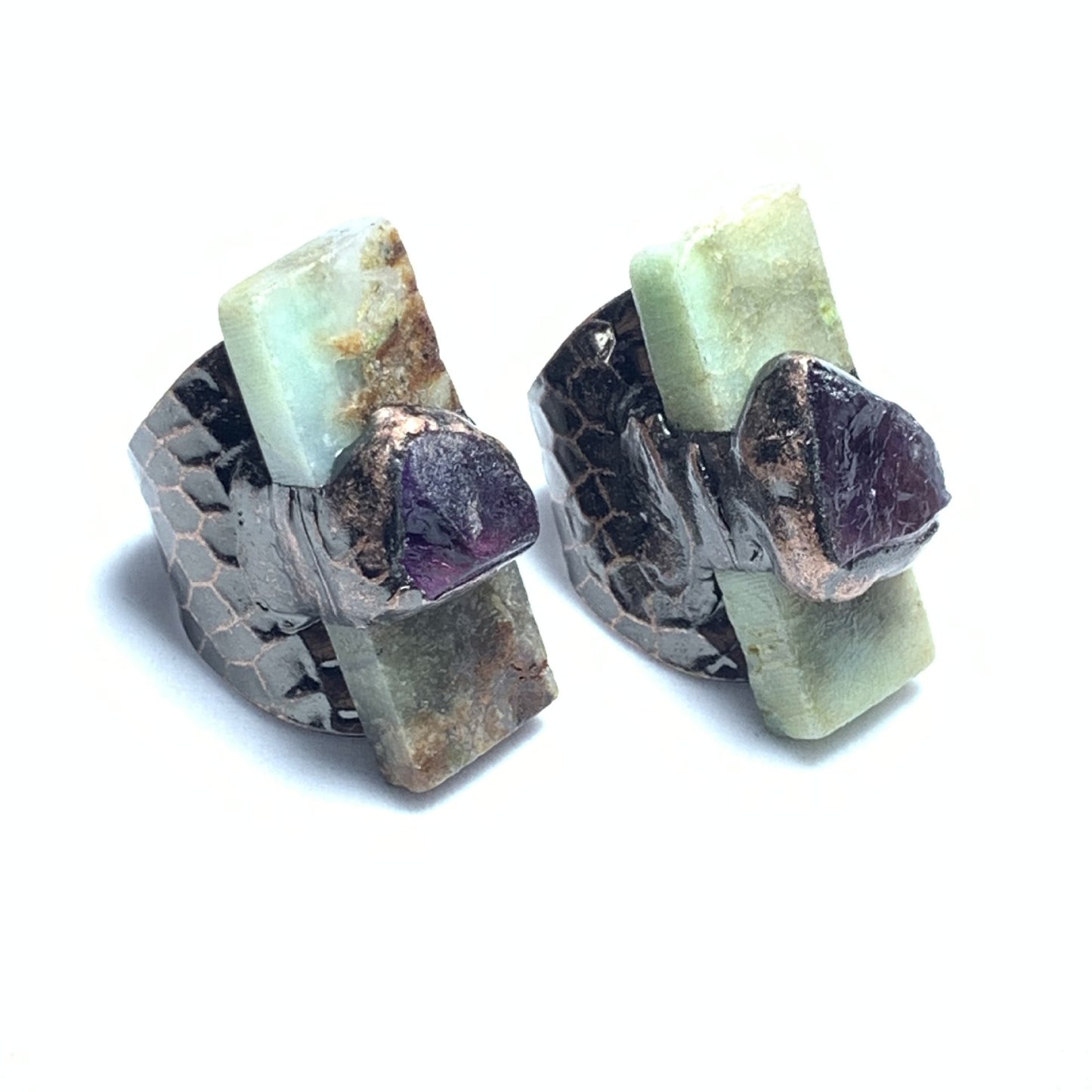 Natural Australian Jade Rectangular Amethyst Rough Stone Combination Plated Bronze Open Adjustable Ring