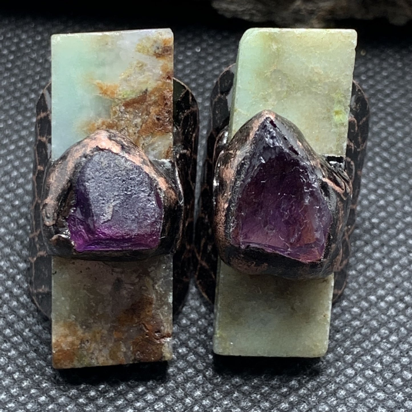 Natural Australian Jade Rectangular Amethyst Rough Stone Combination Plated Bronze Open Adjustable Ring