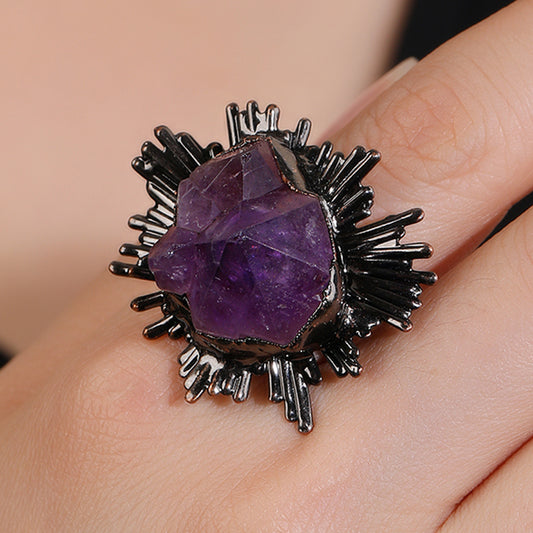 Natural Amethyst Bud Mauve Jade Flower Opening Bronze Electroplating Adjustable Personality Ring