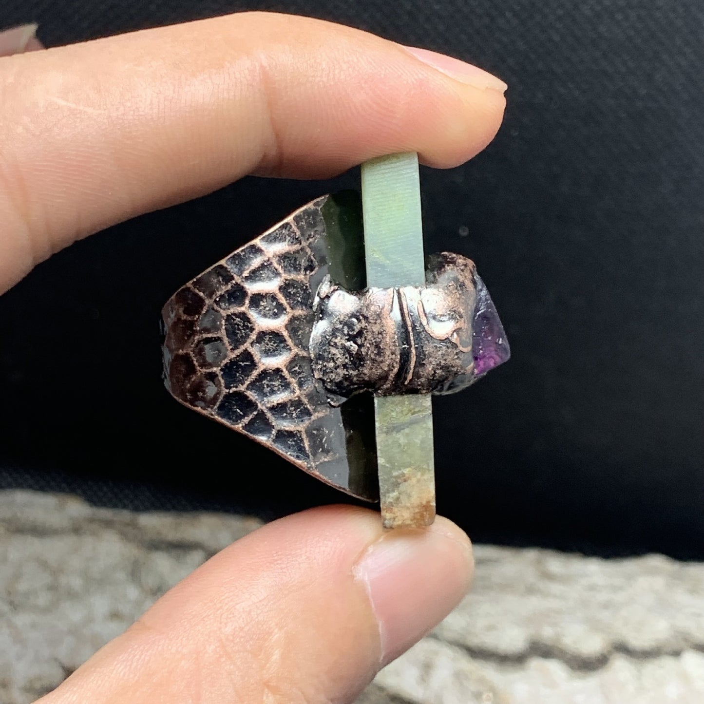 Natural Australian Jade Rectangular Amethyst Rough Stone Combination Plated Bronze Open Adjustable Ring