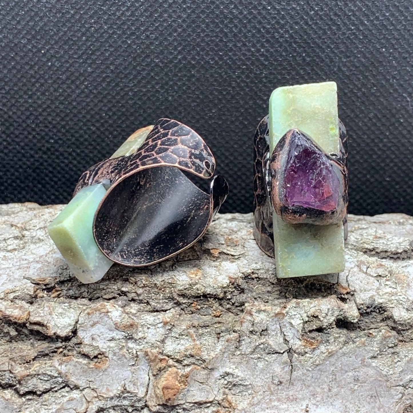 Natural Australian Jade Rectangular Amethyst Rough Stone Combination Plated Bronze Open Adjustable Ring