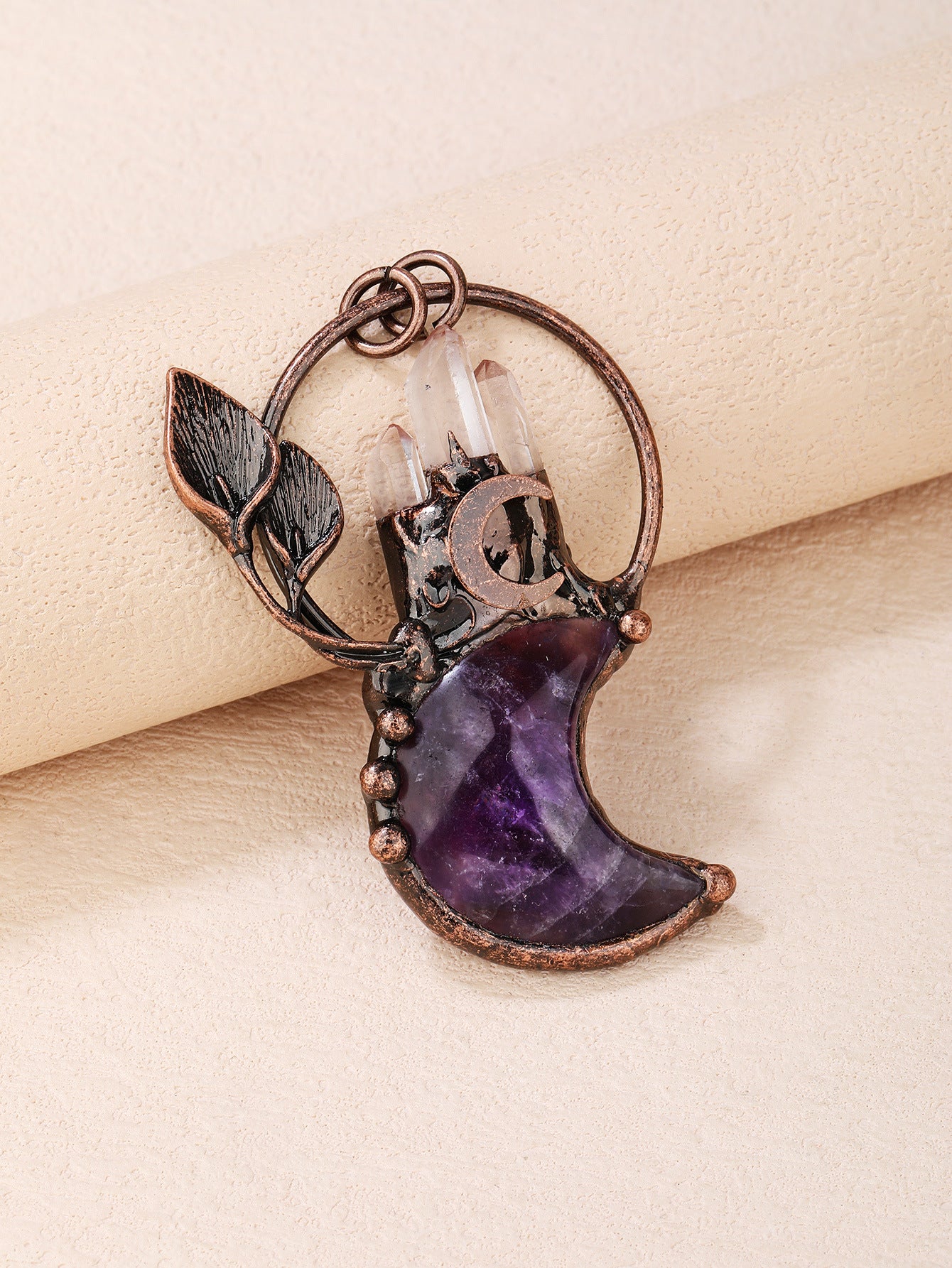 Natural Amethyst Moon Plant Embellishment Bronze Fashion Personality Punk Chain Pendant