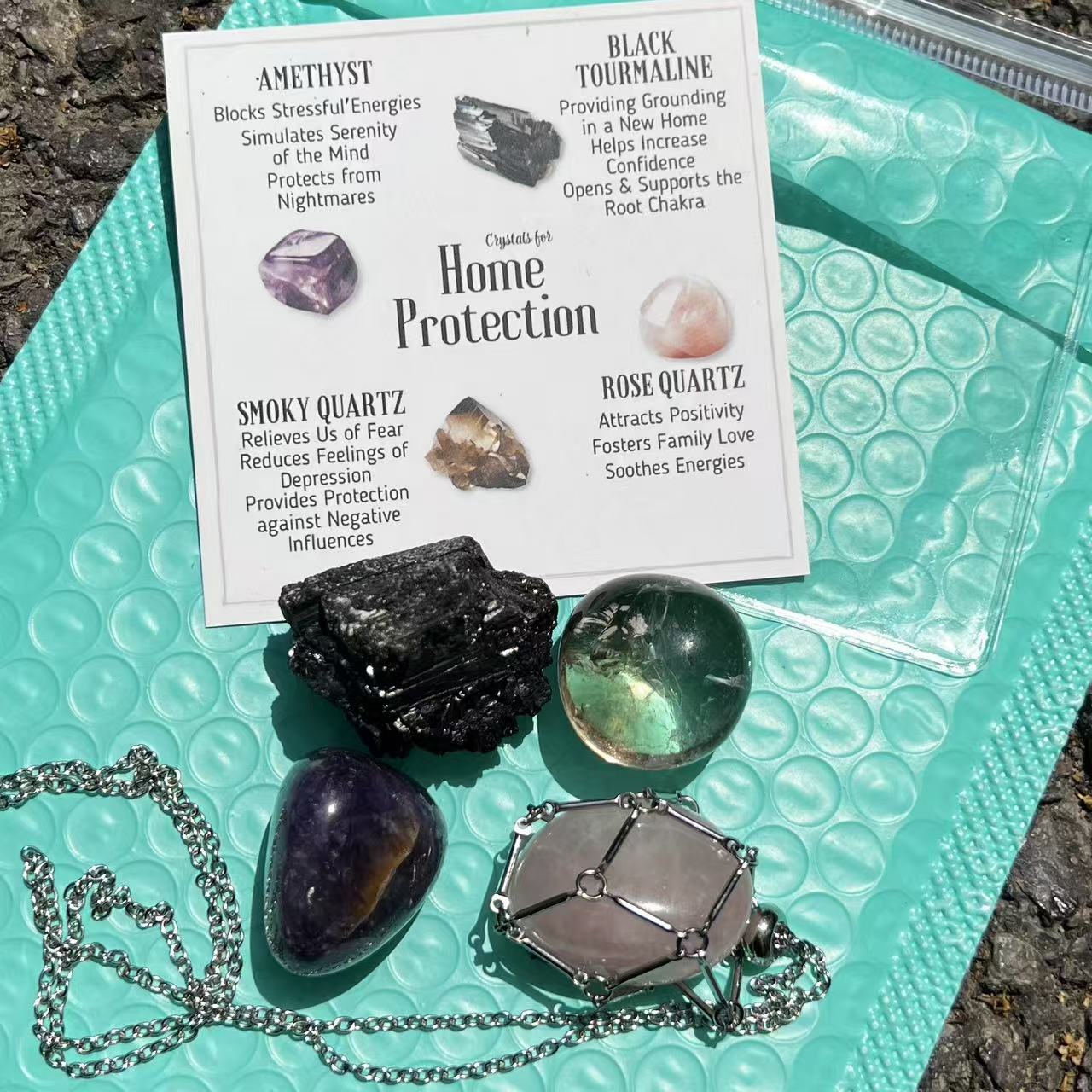 Crystal Healing Set: Tumbled Stones, Cage Necklace, Info Card - Wellness Gift