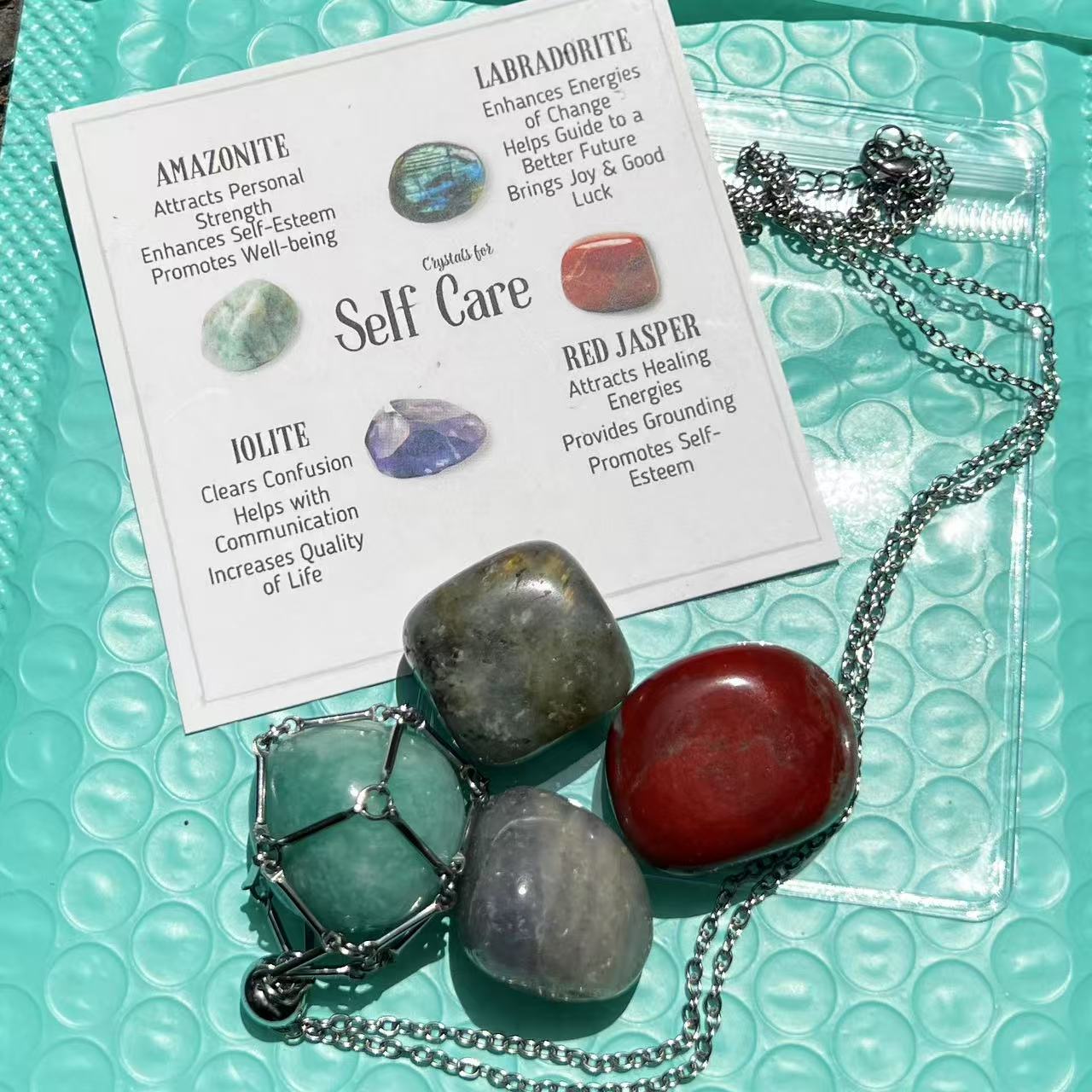 Crystal Healing Set: Tumbled Stones, Cage Necklace, Info Card - Wellness Gift