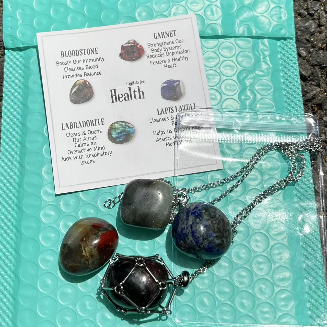 Crystal Healing Set: Tumbled Stones, Cage Necklace, Info Card - Wellness Gift
