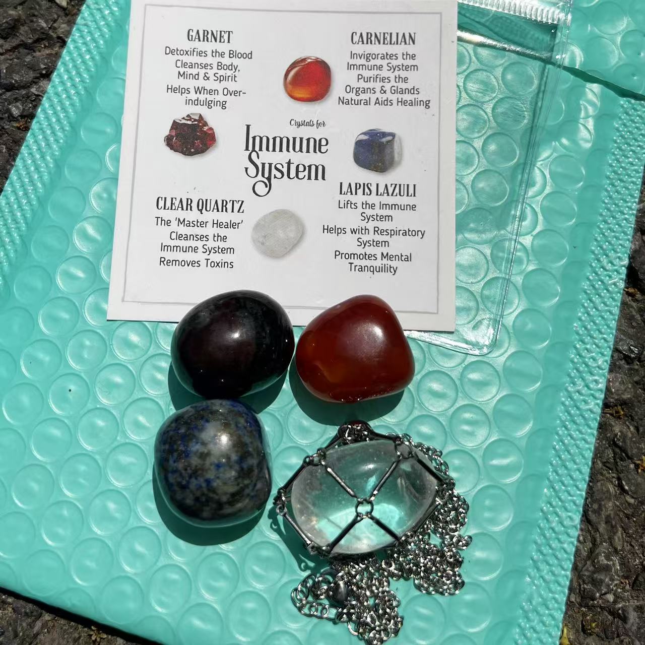 Crystal Healing Set: Tumbled Stones, Cage Necklace, Info Card - Wellness Gift